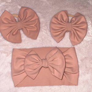 Soft Pink Headband Pigtail Bow Set